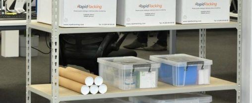 Rapid Racking's Rapid 2 medium-duty office shelving with cardboard boxes.
