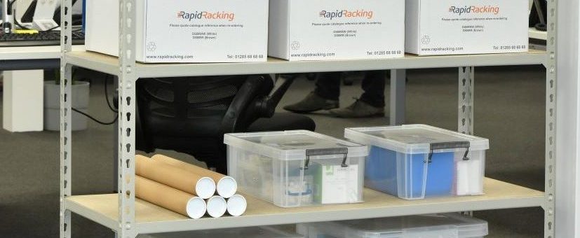 Rapid Racking's Rapid 2 medium-duty office shelving with cardboard boxes.